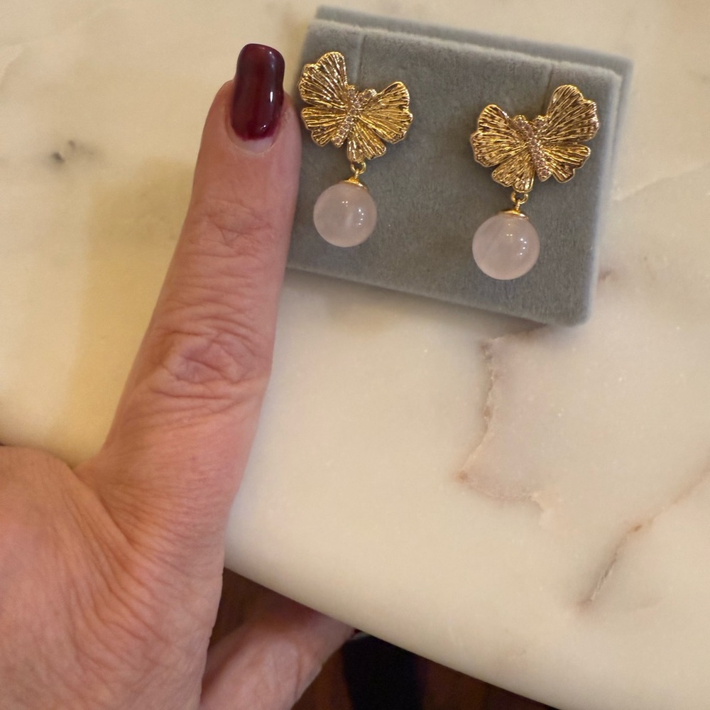 Annabel Aram Rose Quartz Butterfly Earrings in 18K Gold Plated - Picture 10 of 11